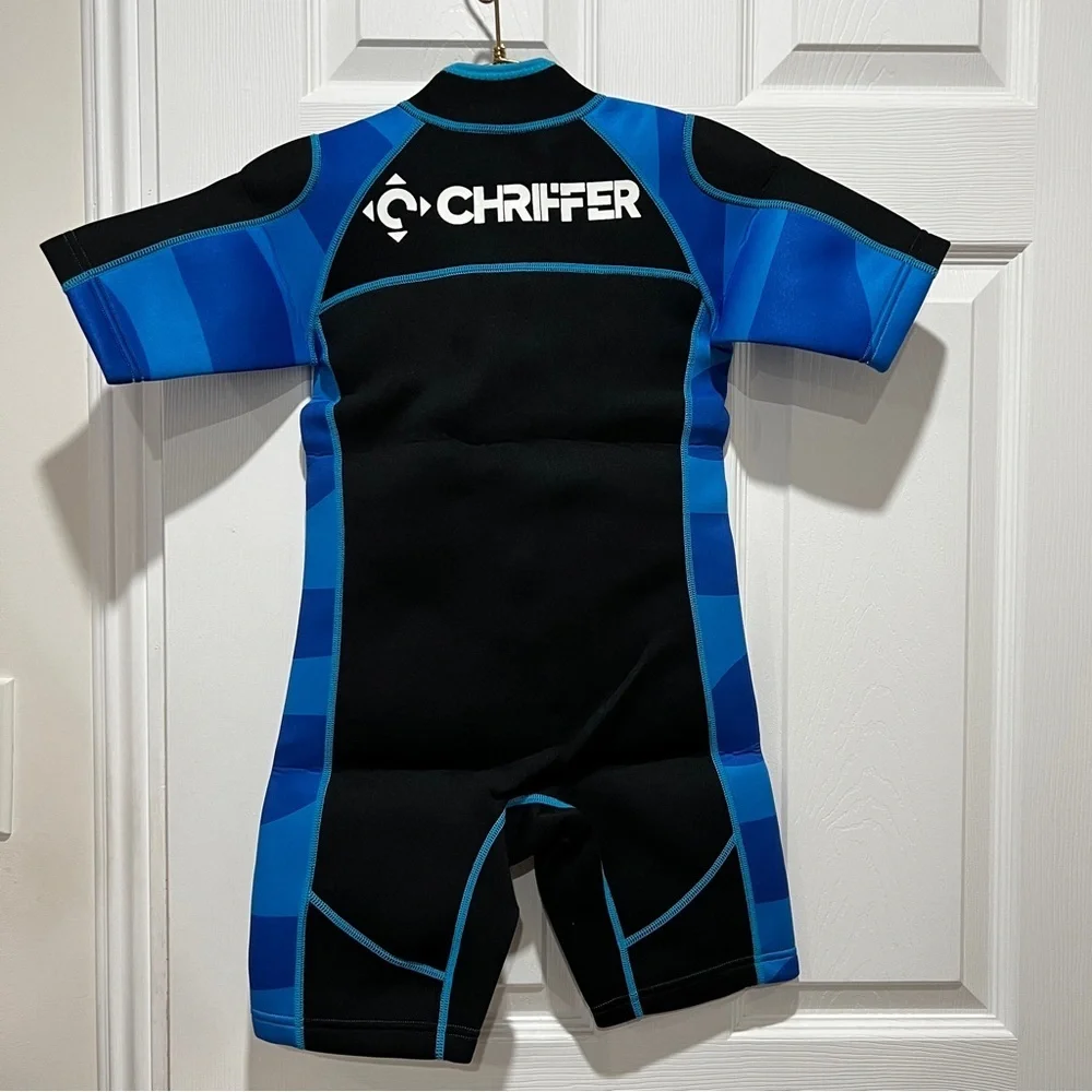Chriffer Kids Wetsuit Size Large Black/Blue Print Details Short Sleeve Boys